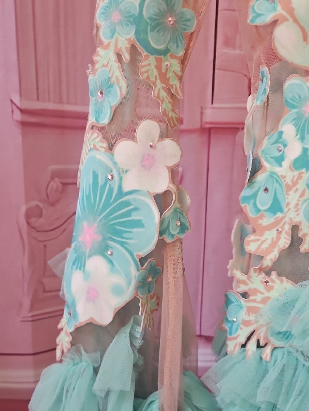 Aqua Floral Ruffle Dance Dress with 3D Appliqués - Picture 3 of 10